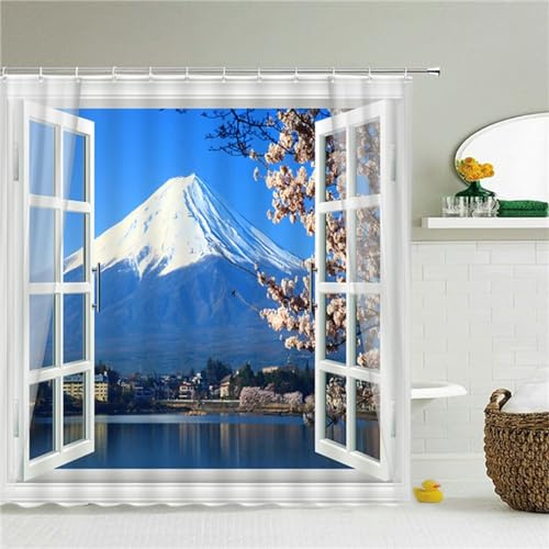 Guofuos Duschvorhang Berg Fuji 120x120cm Duschvorhäng Anti Schimmel,Wasserabweisend Stoff Duschrollo Waschbar,3D Draussen Bad Vorhang Schnell Trocknend,Badewanne Badezimmer Decor Vorhänge