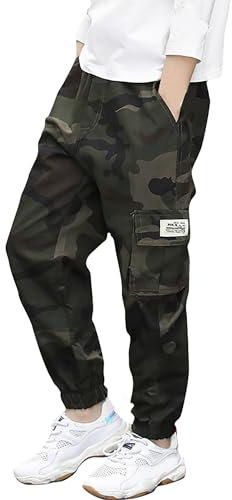 Deekynoop Pantalones cargo para niños Twil Cargo con cintura elástica, Color verde camuflaje., 146-152 Große Größen