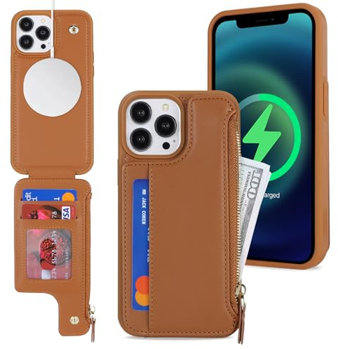 SailorTech iPhone 14 Pro Case with Credit Card Holder magsafe, iPhone 14 Pro Phone Leather Case Wallet for Women Compatible mag safe Card Slots Zipper Shockproof Case for Men - Brown