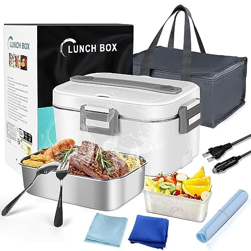 Anykuu 1.8L Elektrisch Beheizte Lunchbox 75W Tragbarer Speisenwärmer mit Gabel/Löffel 3-in-1 12V/24V/220V Elektrische Lunchbox für Auto LKW Büro Zuhause