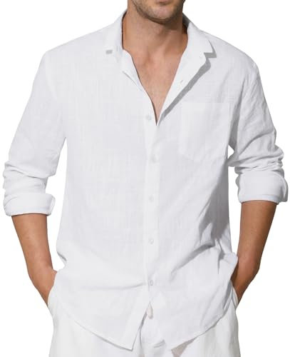 Enlision Mens White Linen Shirts Long Sleeve Shirt Casual Cotton Henley Shirts Button Down Beach Summer Shirt Business Holiday with Pocket XL