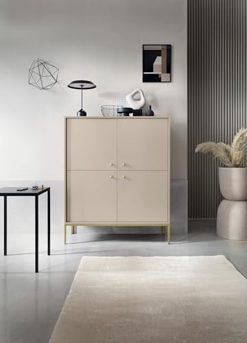 BETTSO - Molly - Hochkommode - 125 cm hoch, 104 cm breit - 4-türig - mit hohen Metallbeinen - Schuhschrank - Kommode - Lowboard - Flurgarderobe - Aktenschrank - Beige mit Goldenen Beinen