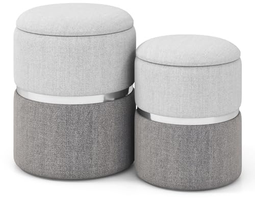 Multigot Set of 2 Storage Ottomans | Upholstered Padded Nesting Round Footstool with Removable Lid