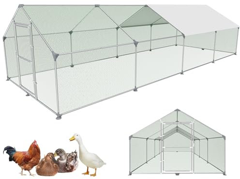 FIVMEN Freilaufgehege 3x8x2m Voliere Hühnerstall Metall 24m² Geflügelkäfige mit Sonnenschutz Dach, Hühnerzaun, Tür & Riegel Freigehege Hühnerkäfige Stabil Geflügelställe für Kleintiere & Pflanzen
