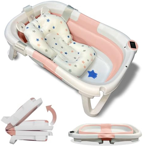 BAÑERA PLEGABLE BEBÉ 5 EN 1 con Termómetro + Cojín Protector + Patas Antideslizantes + Tapón de Seguridad | Apta para Bebé Recién Nacido | Diseño Plegable en 2 | Fácil de Guardar y Transportar (Rosa)