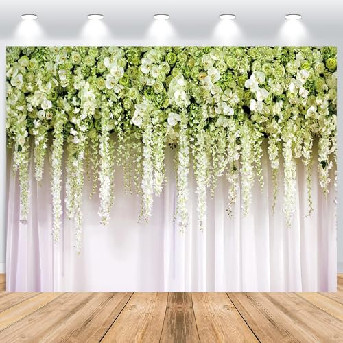 ASDCXZ Blumenwand Hintergrund 1.8x1.2m, Grün Rose Weiß Blume Garn Vorhang Wand Fotowand Hintergrund, Vinyl Fotobox Hintergrund für Hochzeit Geburtstag Brautdusche Party, Studiofotografie Requisite