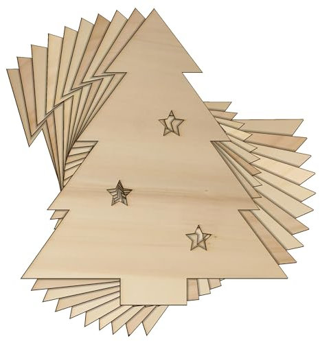 10 x albero di Natale in legno con stelle, forme artigianali, 3 mm, compensato, decorazione natalizia (12 x 10,8 cm, senza foro)