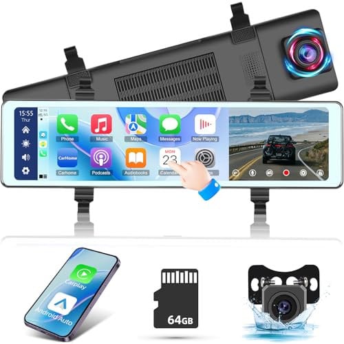 Rückfahrkamera Spiegel mit Drahtlos Carplay & Android Auto - 11,26 Zoll IPS Touchscreen Spiegel Dashcam mit Sprachsteuerung, Bluetooth, FM AUX, Einparkhilfe + 64GB Karte
