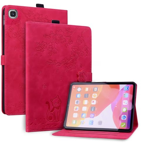 Vaitasy Funda para Samsung Galaxy Tab S5e 2019 SM-T720/T725, Flor del Ciruelo Cuero PU con Magnética Función Soporte Carcasa para Galaxy Tab A 10.5 2019 - Gato Rojo Rosa