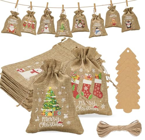 G2PLUS 24 Pezzi Sacchetti per Calendario Dell'avvento Sacchetto Regalo,13×18CM Borse di Juta di Natale con 24 Etichetta,per Calendario di Avvento,Decorazione Albero di Natale