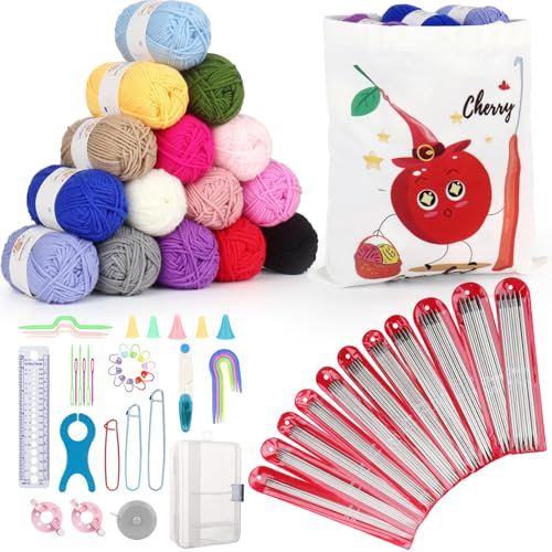 Aeeque 99 Stück Strickset für Anfänger, 2,0-6,0mm Stricknadeln Set mit Baumwolle, Strickzubehör und Großen Segeltuchtasche, 20cm Metall Strick Set für Socken, Pullover, Schal