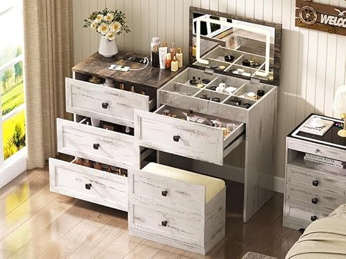 yoofun 3-in-1 Vanity Table with 3-Color Lights and Mirror, 47.2 W LED Compact Dressing Table with Hidden Lockable Drawer, Makeup Desk Set with Charging Station,3 Drawers,Bedroom (White)