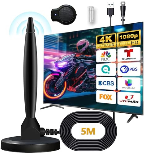VHV Antenne TV Intérieur Puissante TNT HD-2026 Dernière Amplificateur Antenne TV avec Amplificateur de Signal à Gain Élevé - Reception Longue Portée à 360°,Base Magnétique pour Chaînes 4K 1080P HD (A)