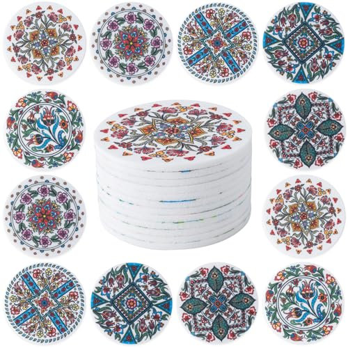 STARUBY 12 Stück Filz Untersetzer, Untersetzer für Getränke, Untersetzer für den Couchtisch, saugfähige Untersetzer für Küche und Esszimmer Dekoration, 10cm im Durchmesser, Türkiye Muster
