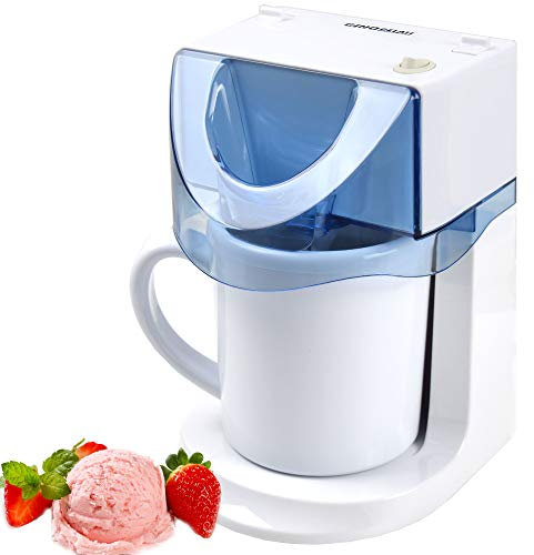 Gino Gelati Eismaschine Plurium Speiseeismaschine Eiscreme Maschine Eisbereiter, Weiß/Blaues Design, 25 Watt, kompaktes Design, leichte Reinigung, für Zuhause