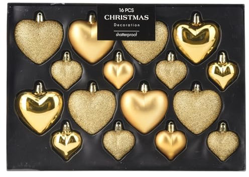 MIJOMA 16-teiliges Christbaumkugel-Set, bruchsicher, 2 Größen 65mm & 45mm, Weihnachtsanhänger – Herzform oder Sternform, Weihnachtsbaumschmuck Matt, Glänzend, Glitter (Gold, Herz)
