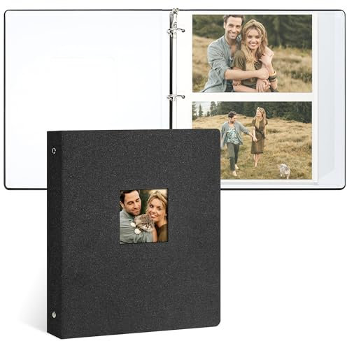 Vienrose Fotoalbum Selbstklebend, 3-Ring-Design, Leinendecke, 20 Blatt/40 Seiten, für Fotos 10x15, 13x18, 18x24 cm (Schwarz)