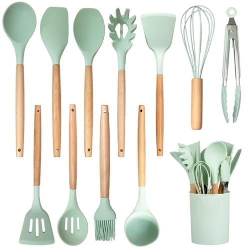 Kitchen Utensil Set, 12 PCS Kitchen Silicone Cooking Utensils Set Non-Stick Cooking Tools with Wooden Handle Heat Resistant Nonstick Cookware Tongs Spatula Spoon Set (Black)