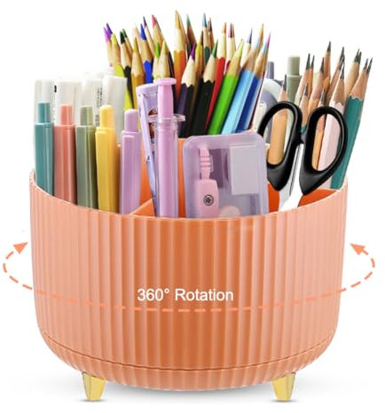 DASIAUTOEM Schreibtisch Organizer, 360°Drehbarer Büro Organizer Stifthalter, Multifunktionaler Schreibtisch Rotierende Stiftehalter Organizer mit 5 Fächern für Büro Schule Bleistift (Orange)