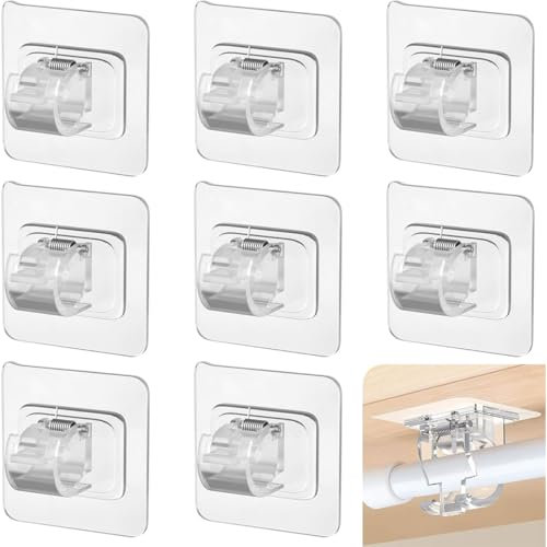 8 Stück Selbstklebende Gardinenstangenhalterung, Gardinenstange ohne Bohren, Selbstklebende Haken,Nagelfreie Verstellbare Stangenhalter,für Wohnzimmer, Schlafzimmer, Bad, Hotel (Transparent)