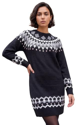 Roman Thick Jumper Dress for Women UK Ladies Fairisle Aztec Knitted Knit Sweater Knitwear Autumn Winter Holiday Round Neck Long Sleeve Soft Knee Length Sweat Warm