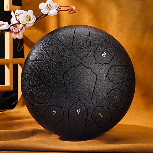 SXTYYH Stahlzungentrommel 13 Noten 12 Zoll, Handtrommel-Trommel Mit Tasche, Trommelstöcke, Schlegel-Halter Noten-Aufkleber for Meditation, Yoga Percussion-Instrument(Schwarz)