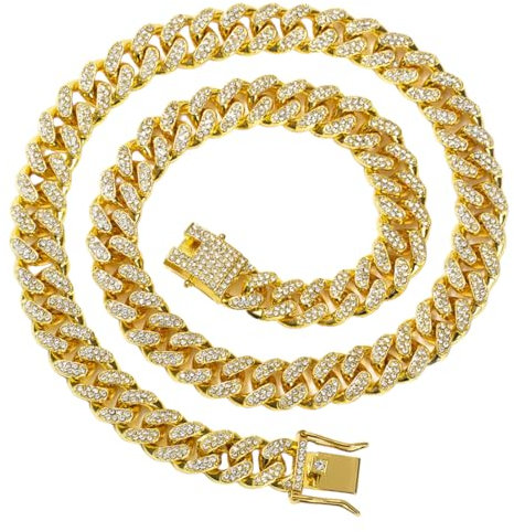 MIRKUZI Ketten für Herren,Damenhalskette, Hip Hop Rap Kubakette, Edelstahl goldfarben, 15 mm breit, 50 cm lang