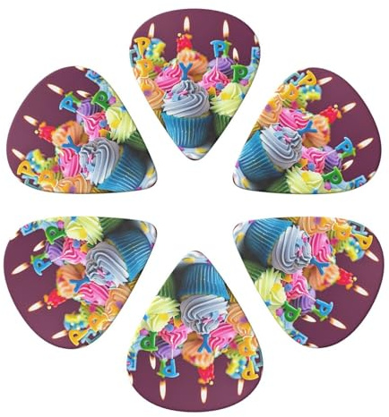 Bunte Happy Birthday Cupcakes bedruckte Gitarrenplektren, Gitarrenplektrum, Gitarrenzubehör, E-Gitarrenplektren, Bass und Ukulele, 0,96 mm, 6 Stück