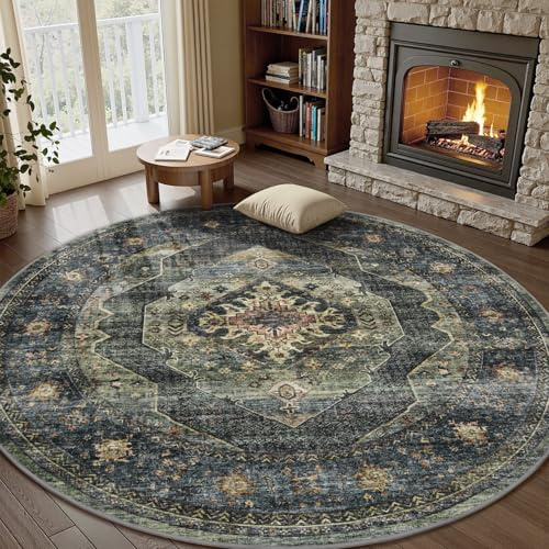 Engiw Tappeto rotondo da 1,8 m, per soggiorno, camera da letto, tappeto circolare per sala da pranzo, tavolo, vintage, lavabile, morbido e confortevole, verde oliva
