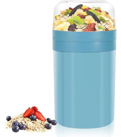 Zikenis 2 en 1 Coupe de yaourt,2 en 1 Gobelets à Céréales à emporter,Bol Céréales à Emporter 520ML+250ML,Réutilisable,pour Yaourt,le lait,Flocons d'Avoine,Salade,petits déjeuners (Bleu)