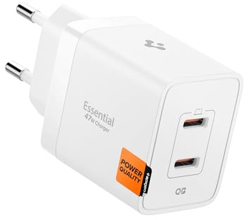 Spigen ArcStation Essential GaN 47W 2-Port USB-C Ladegerät, Weiß | PPS Schnellladegerät, PD 3.0 Power Charger Adapter für iPhone 17, Samsung Galaxy S26/Z Fold 8, Google Pixel 11 Pro XL Fold