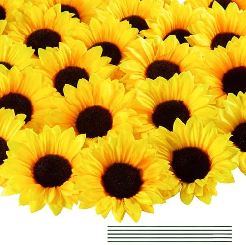 LEUCHTAMOR 40 Stück Künstliche Sonnenblumenköpfe mit Stielen, künstliche Sonnenblumen, realistische Seiden-Sonnenblumen für DIY-Dekorationen, Party, Hochzeit, Zuhause（Gelb）