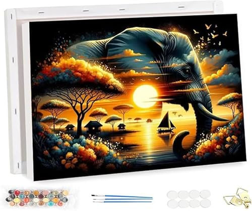 HOLXSW Malen Nach Zahlen Erwachsene Elefant bei Sonnenuntergang DIY Handgemalt Ölgemälde auf Leinwand Kit für Home Deko oder Weihnachten Geschenk Mit Farbe und Pinsel 40x50cm