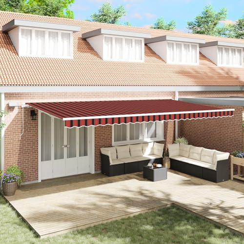 Qnhdfrt Tenda da sole a braccio articolato retrattile manuale con LED arancione, marrone, a righe, 600 x 350 cm, per terrazza, balcone, giardino, protezione solare, robusto poliestere e telaio in
