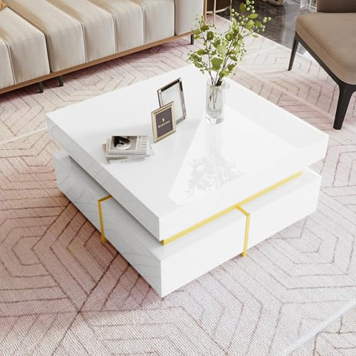 Merax High-Gloss Square Coffee Table with Drawers,Contemporary Living Room Furniture,White,70 * 35.5 * 70 CM