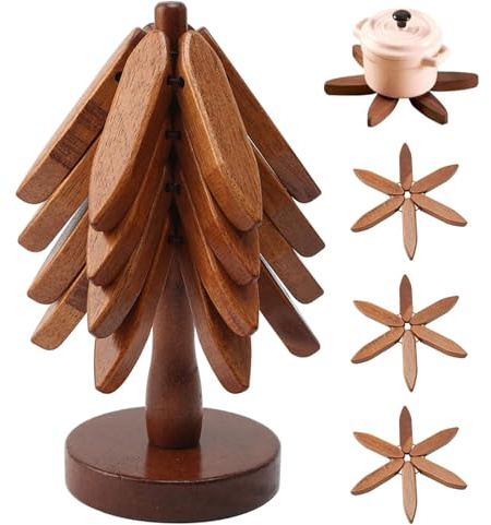 Lot de 4 Dessous de Plat en Bois en Forme d'arbre + 1 Support – Résistants à la Chaleur pour Casseroles, Verres & Plats Chauds (Style Sapin de Noël)