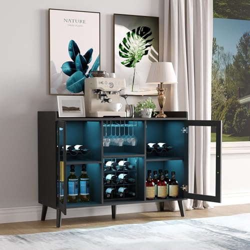 Garvee Modern Wine Bar Cabinet with LED Light, Wood Kitchen Coffee Bar Home Liquor Cabinets with Glass Holder, Doors and Wine Racks Buffet Sideboard with Storage for Living Room