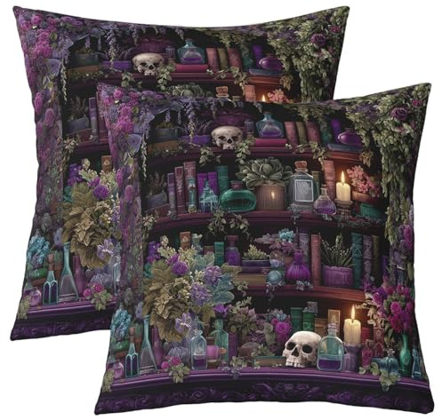 Homewish Gothic Skull Kissenbezug 40x40cm Vintage Witchy Kissenbezüge für Jungen Mädchen Schreckliche Magie Bücherregal Kissenhüllen 2Er Set,Schwarz Retro Zauberer Mysteriös Cool Sofa Dekokissenbezüge