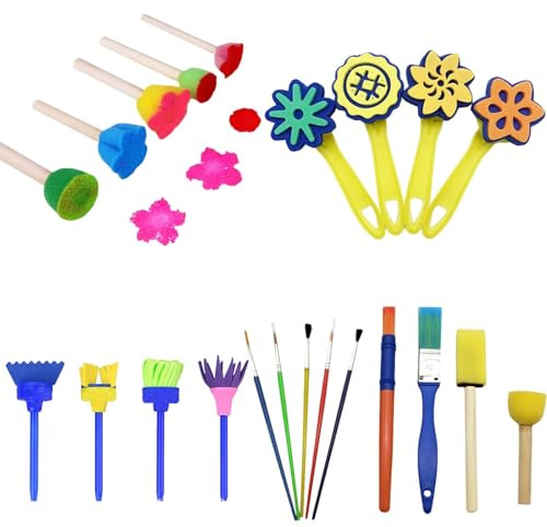 22 Pieces Kids Painting Set, Toddler Painting Sponges and Brushes, with Long Handled Sponge Stamps, Sponge Paint Brushes for DIY Creative Art Projects, Paint Sponges for Kids