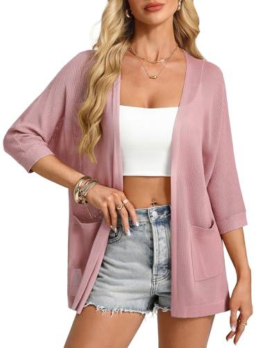 GRACE KARIN Women's Summer Lightweight Cardigans 2026 3/4-Sleeves Open Front Cardigan Casual Beach Cover Ups with Pockets Pink XXL