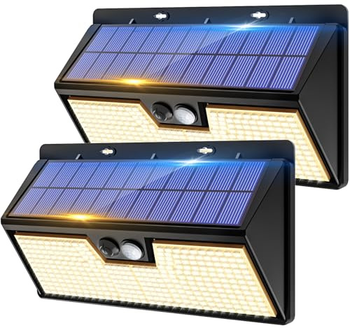vighep Solarlampen für Außen mit Bewegungsmelder, 318 LED Superhelle Solarleuchten, Aussenleuchte mit 3 Modi, IP65 Wasserdichte Aussenlampe für Garten, Garage, Haustür, Treppe, Warmweiß,2 Stück