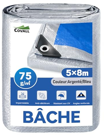 COVALL Bâche 5X8m 75g/m² Bâche de Protection extérieure imperméable | Bâche Double Face Bleu Argenté,résistante au gel et aux UV, pour jardin, tonnelle, camping, meubles, abri de jardin