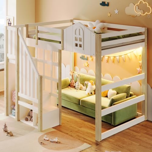 SOFTWEARY Hochbett mit LED-Beleuchtung, Lattenrost, Rausfallschutz, Treppe und Gardine, Kinderbett, Einzelbett, Kiefer (weiß-Natur, 140x200 cm)