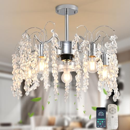 Ganeed Ventilador Techo con Luz Mando Distancia Cristal K9 6 Vel | Lámpara Colgante Moderna 4 Luces E27, Ventilador Silencioso para Dormitorio Salón Cocina, Ahorro Espacio, Temporizador