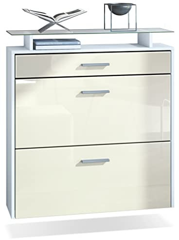 Vladon Schuhschrank Malea, hängender Schuhkipper für 16 Paar Schuhe mit 2 Klappen und 1 Schublade und Glasablage, Weiß matt/Creme Hochglanz (89 x 96 x 23 cm)