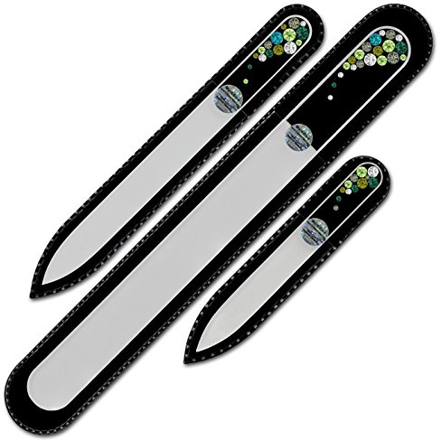 Mont Bleu Set of 3 Crystal Nail Files Hand Decorated with Swarovski Elements, in Black Velvet Sleeve - Genuine Czech Tempered Glass - Hand-Made Glass Nail Files