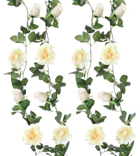 Felice Arts 2 Stück Champagner-Rosen-Girlande, 3 m, künstliche Blumengirlande, für Valentinstag, Hochzeit, Tisch-Arrangement, DIY-Blumenkranz, Dekoration