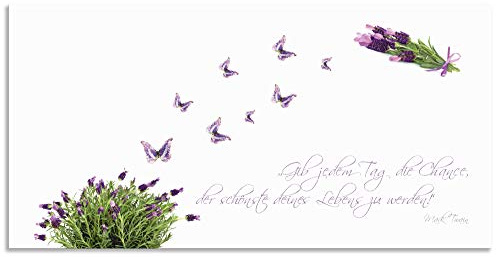 ARTland Spritzschutz Küchenrückwand aus Alu für Küche Herd Spüle 100x50 cm (BxH) mit Motiv Spruch Schmetterlinge Lavendel Landhaus Hell Weiß Lila J6DH