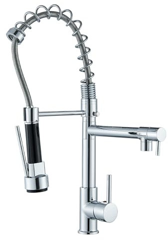 Grifo Cocina Para Fregadero 2 Salidas Con Ducha Extraible 360°Rotación Grifo Muelle Profesional de Cocina y Lavabo Fría/Caliente Alternativa,Dos Tipos de Chorro,Color plateado R3/8”