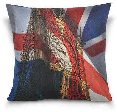 Mnsruu Überwurf Kissenbezug Dekorative Kissenhülle quadratisch Kissenbezug Union Jack Flagge Big Ben England Landmark Sofa Bett Kissenbezug Doppelseitig, Textil, multi, 40 x 40cm/16 x 16 Inches